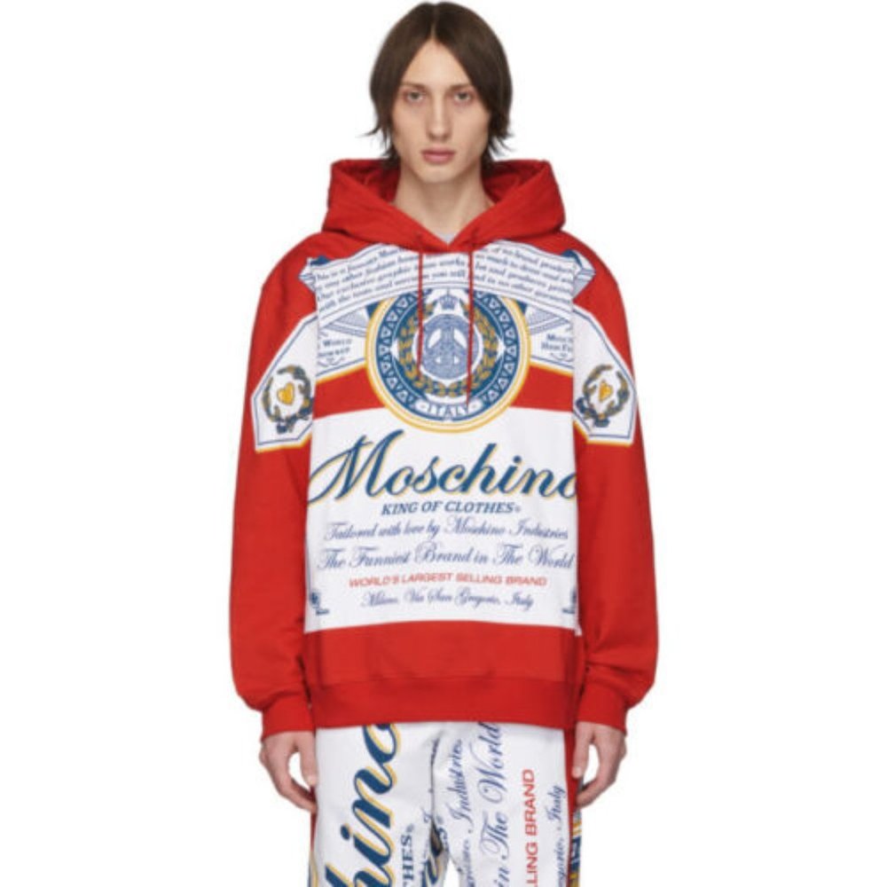 Moschino Budweiser Print Cotton Hooded Sweatshirt | Red | NEW US 6